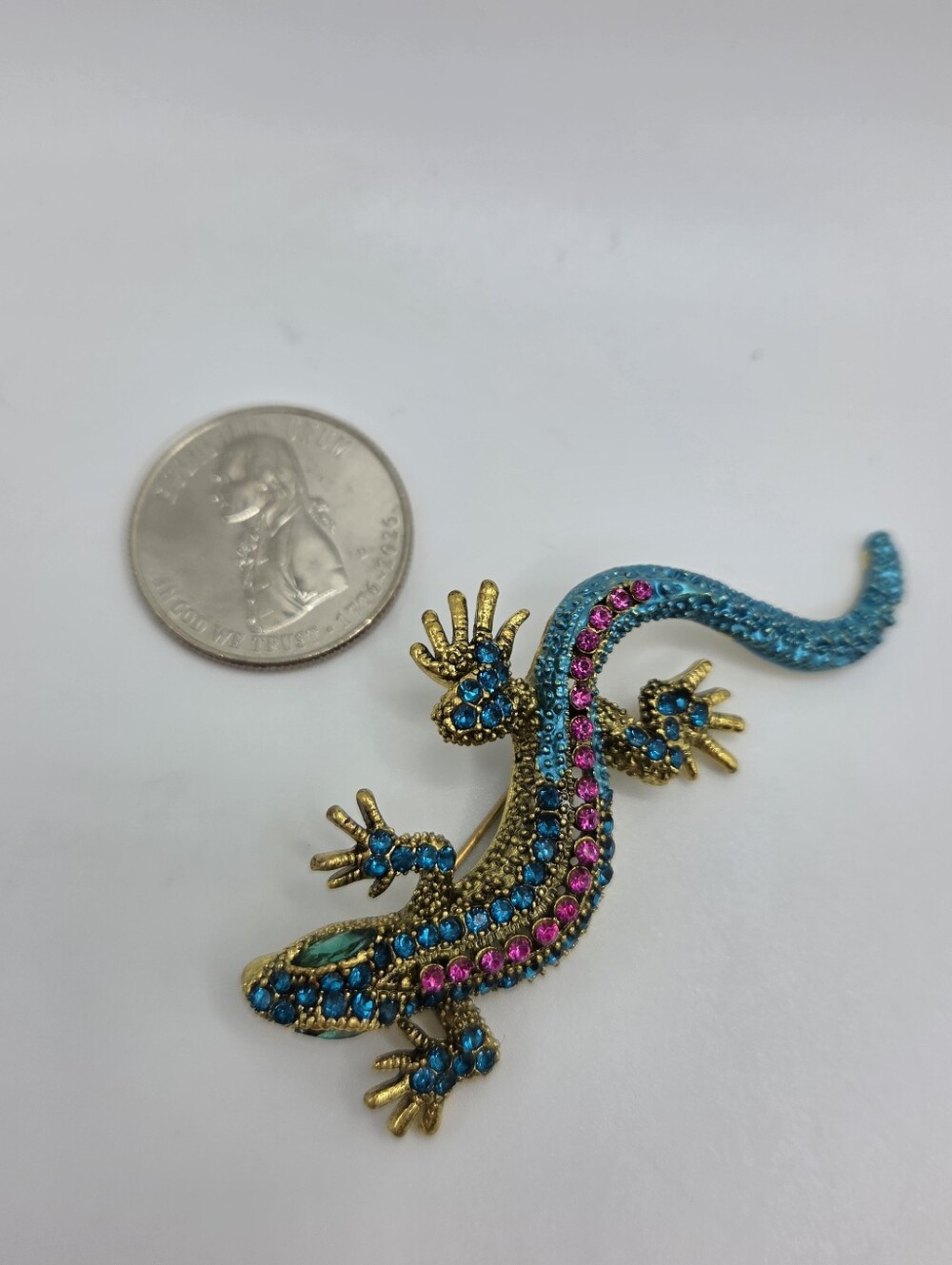 Gold Lizard Brooch Blue Pink Rhinestone Crystal Reptile Statement Pin New
